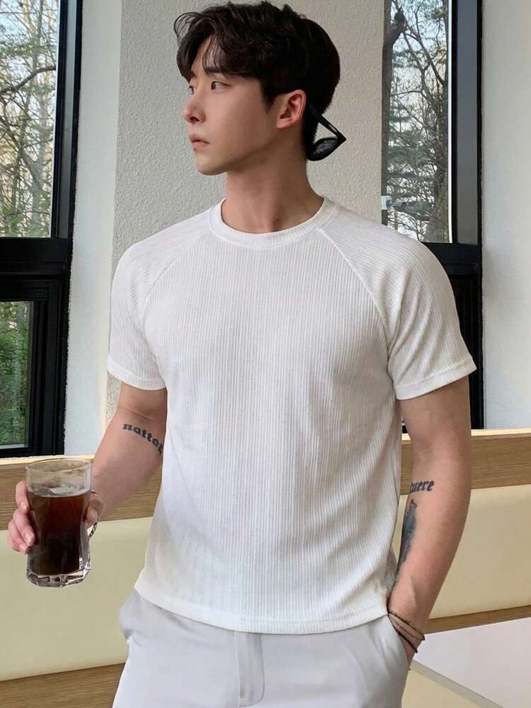 Men's White Short Sleeve Textured Fabric T-Shirt, Summer