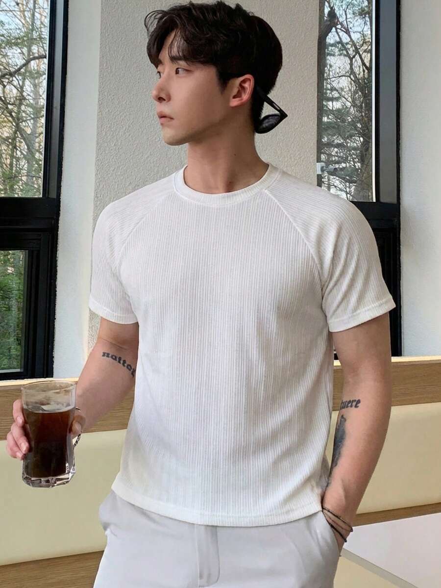 DAZY 男士白色短袖纹理面料T恤,夏季 - 米色 - 查看 1