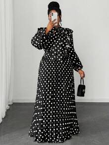 Maweii Plus Size Women Elegant Romantic Delicate French Polka Dot Wedding Guest V-Neck Chiffon Ruffle Puff Sleeve Cinched Waist Pleated Flowing Maxi Dress Black Polka Dot Dress Polkadot Dress Modest Dress Black And White Polkadot Dress Long Sleeve Polka Dot Dress Black And White Polka Dot Dress Polka Dot Maxi Dress - Black and White - View 5