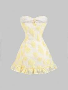 Sweetra 春夏新款复古印花修身连衣裙，优雅百搭舒适女士度假连衣裙 - 黃色 - 查看 2