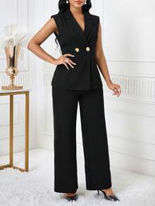 SHEIN Lady 女士纯色翻领双排扣无袖西装外套和裤子优雅通勤套装 - 黑色 - 查看 5