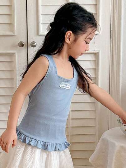 DAZY Young Girl Embroidered Letter Ribbed Square Neck Ruffle Hem Camisole