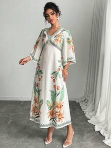 Al Najma Women's V-Neck Ruffle Hem Printed 3/4 Sleeve A-Line Dress - Multicolor - View 6