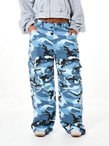 SUMWON WOMEN Textured Blue Camouflage Wide Leg Cargo Pants For Women High Waisted Military Print Baggy Trousers Streetwear Casual Bottoms - Blue - View 1