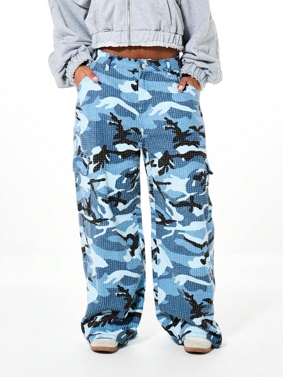SUMWON WOMEN Textured Blue Camouflage Wide Leg Cargo Pants For Women High Waisted Military Print Baggy Trousers Streetwear Casual Bottoms - Blue - View 1