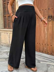 SHEIN Maternity Casual Solid Color Textured Elastic Waist Pants, Summer For Women, Spring Women , Spring Breaks - Black - View 5