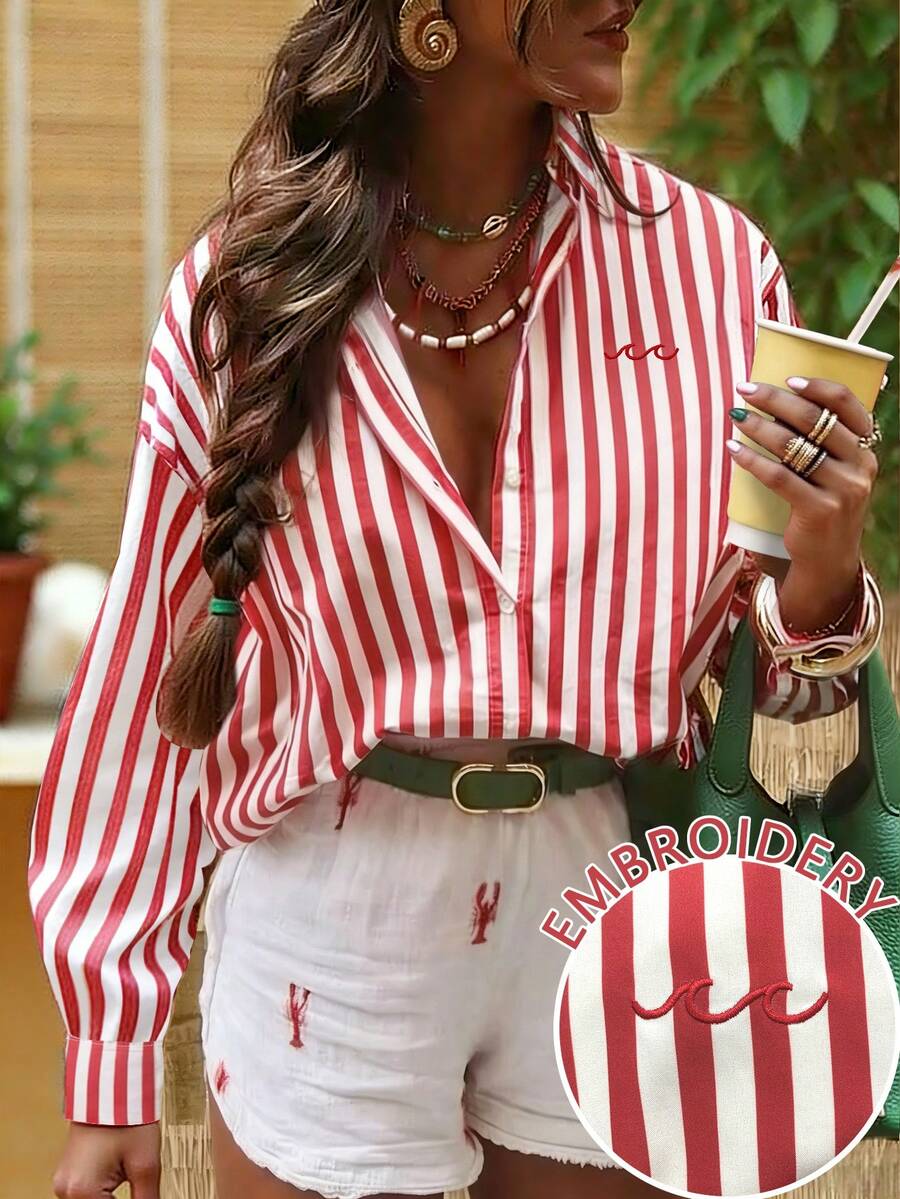 INAWLY Women's Dropped Shoulder Long Sleeve Loose Striped Front Button Casual Versatile Shirt - Multicolor - View 1