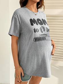 SHEIN 孕妇字母印花圆领短袖休闲哺乳T恤 - 灰色 - 查看 3