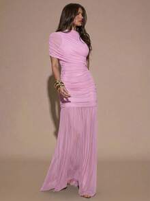 SHEIN BAE Đầm ôm sát người với chân váy xếp ly thanh lịch, thích hợp cho tiệc cocktail, hẹn hò lãng mạn, mặc nhiều lớp vào mùa thu/đông, dự tiệc, họp mặt trang trọng, Halloween, Giáng sinh. - Màu Hồng baby - Xem 4