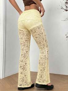 SHEIN EZwear 女士米黄色蕾丝喇叭裤，可折叠腰带，春夏款 - 淡黃色 - 查看 2