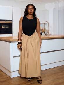 Veslaya 2026春夏新款大码女装休闲、度假、通勤无袖黑色纹理针织拼接卡其色A字长裙 - 彩色 - 查看 5