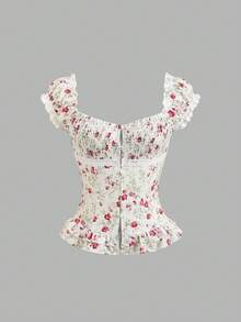 Sweetra Women's Sweet Ditsy Floral Casual Vacation Everyday Versatile Gathered Waist Double Ruffle Trim Square Collar Puff Sleeve Cropped Shirt, Spring/Summer - Multicolor - View 1