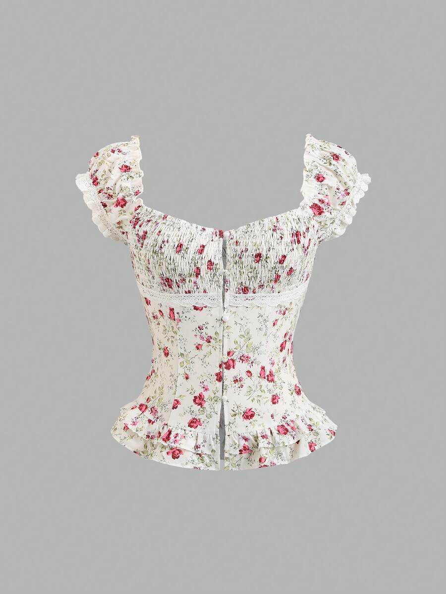 Sweetra Women's Sweet Ditsy Floral Casual Vacation Everyday Versatile Gathered Waist Double Ruffle Trim Square Collar Puff Sleeve Cropped Shirt, Spring/Summer - Multicolor - View 1
