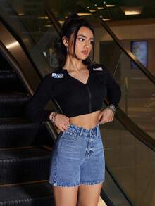 SHEIN PETITE Quần short denim nữ kiểu dáng thường ngày, ôm sát. - Rửa trung bình - Xem 6