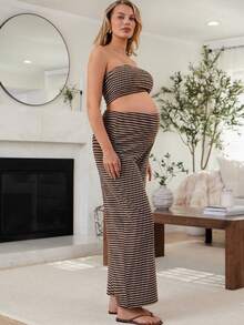 SHEIN 2pcs Maternity Casual Striped Tube Top And Wide Leg Pants Set, Summer - Multicolor - View 5