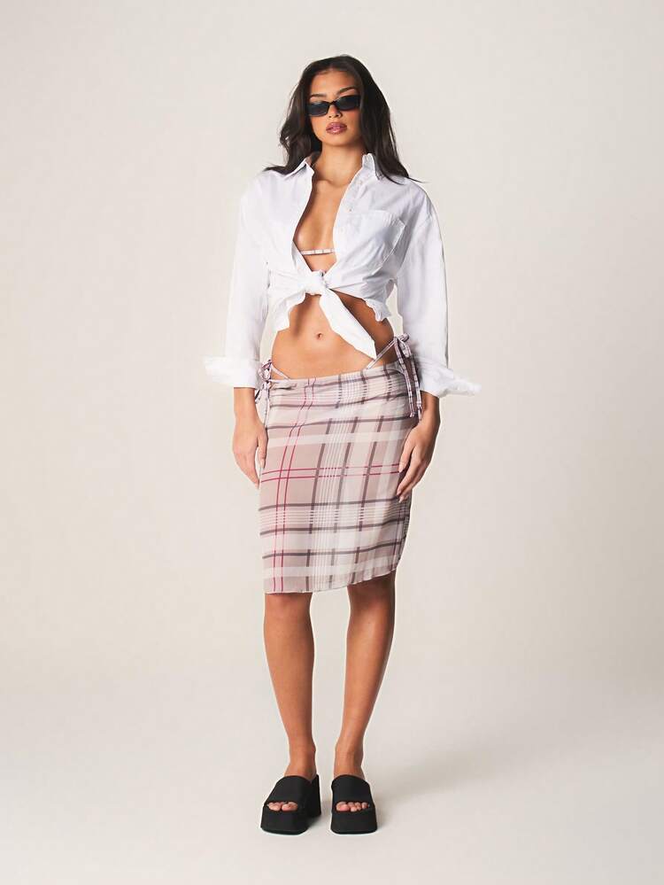 MISSGUIDED Jupe cache-maillot de plage à carreaux avec détails de liens sur les côtés, pour les vacances d'été