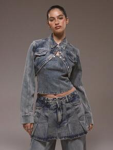 MUSERA Super Cropped Button Detail Denim Jacket Winter Cute Streetwear Going Out Casual Western Born Faded - Blue - View 1