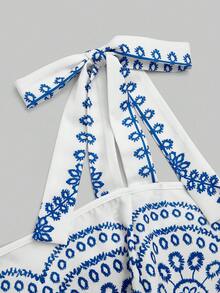 Sweetra 时尚度假风印花性感露背收腰吊带连衣裙，夏季 - 藍色 - 查看 8