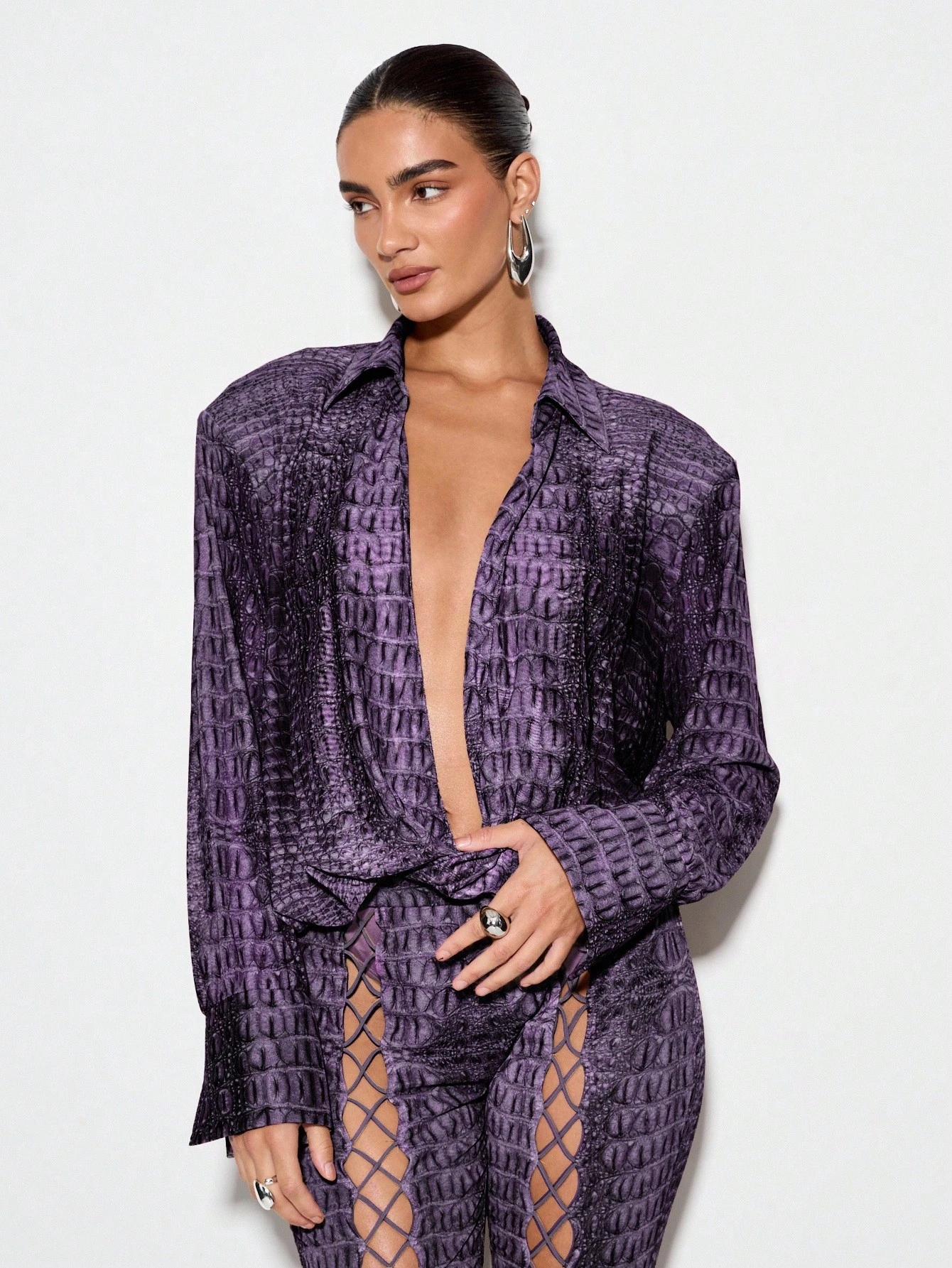 KIZN Textured Scale Print Bodysuit With Mesh Panel Collar