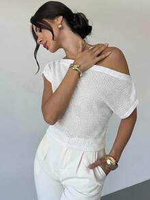 Firerie Áo thun nữ tay cánh dơi bất đối xứng, họa tiết kẻ sọc, thích hợp cho mùa xuân, hè, thu, đi làm, thanh lịch, thường ngày, công sở. - trắng - Xem 5