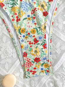 Swim Mod 2件套女士印花软杯钢圈系带泳衣套装，夏季假日沙滩波西米亚风比基尼猎豹纹可爱比基尼度假比基尼花朵比基尼 - 彩色 - 查看 4