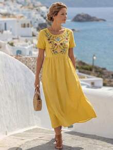 Faunlyn Women's Mid-Length Round Neck Short Sleeve Casual Dress, Suitable For Summer - Yellow - View 5