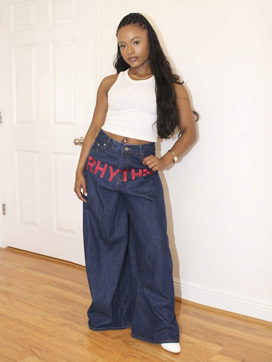 Steph T Women's Letter Print Pocket Wide Leg Loose Casual Jeans - Dark Wash - View 1