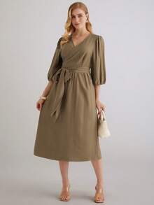 Parysyn 大码梭织优雅秋季女式连衣裙，适合度假和通勤 - 棕色 - 查看 5