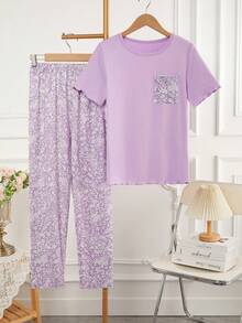 女童碎花针织短袖上衣和裤子休闲家居服套装，春夏款 - 淡紫色 - 查看 4
