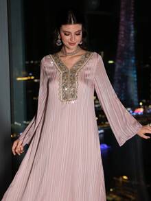 Layrah Women's Spring/Summer Pink Woven Jacquard Long Sleeve Embroidered Sequin Collar Floral Shell Tape Elegant Romantic Turkish Abaya & Arabic Traditional Maxi Dress - Pink - View 3