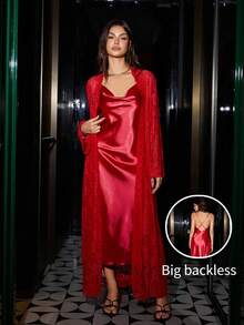 SilkySpell 2pcs Women Spaghetti Strap Maxi Dress,Lace Trim Robe,Elegant Satin Sleepwear Set,Long Style,All Season,Red Summer Lounge Lingerie Nightgown - Burgundy - View 1