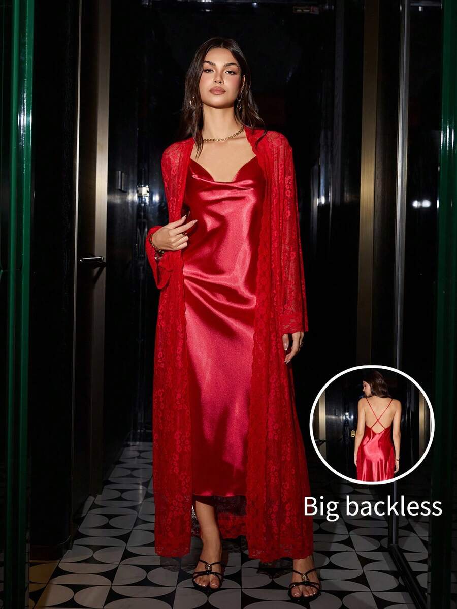 SilkySpell 2pcs Women Spaghetti Strap Maxi Dress,Lace Trim Robe,Elegant Satin Sleepwear Set,Long Style,All Season,Red Summer Lounge Lingerie Nightgown - Burgundy - View 1