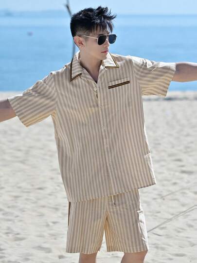 DAZY 男士米色短袖衬衫短裤套装，夏季