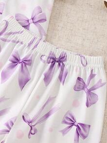 Young Girl' Pink Bow Print Collar Cardigan Short Sleeve Shorts Set,  Loungewear Girls Pajama Short Sets - Mauve Purple - View 6