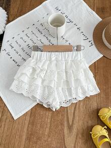 SHEIN LMoss Kids 少女夏季度假纯色镂空刺绣松紧腰短裤 - 白色 - 查看 4