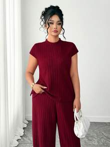 Elenzga Große Größen Elegantes geripptes Strick 2-Teiliges Set für Damen, Stehkragen figurbetontes Top mit Schlitz + vielseitige gerippte Schlaghose, geeignet für tägliche Fahrten, Urlaub, Party, Valentinstag Outfits, Fotoshootings - Rot - Übersicht 5