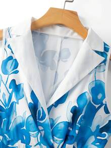 GlowEve Women's White And Blue Floral Sleeveless Deep V-Neck Contrast Color Lapel Wrap Waist Flared Maxi Dress,Summer Elegant Wedding Guest Resort Style - Multicolor - View 6