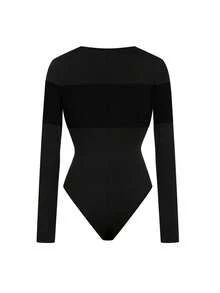 GlowEve Nuevo body casual de otoño con diseño de punto acanalado y cepillado, cuello redondo, hombros regulares, ajuste ceñido, manga larga versátil, para uso diario, primavera y otoño 2025 para mujeres - Negro - Ver 4
