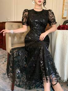 DAZY 女士度假全花卉蕾丝装饰连衣裙，女士夏季服装，毕业礼服，婚礼宾客礼服长款连衣裙 - 黑色 - 查看 2