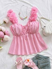 Soleia 女士纯色3D立体花卉装饰褶皱吊带背心 - 粉色 - 查看 1