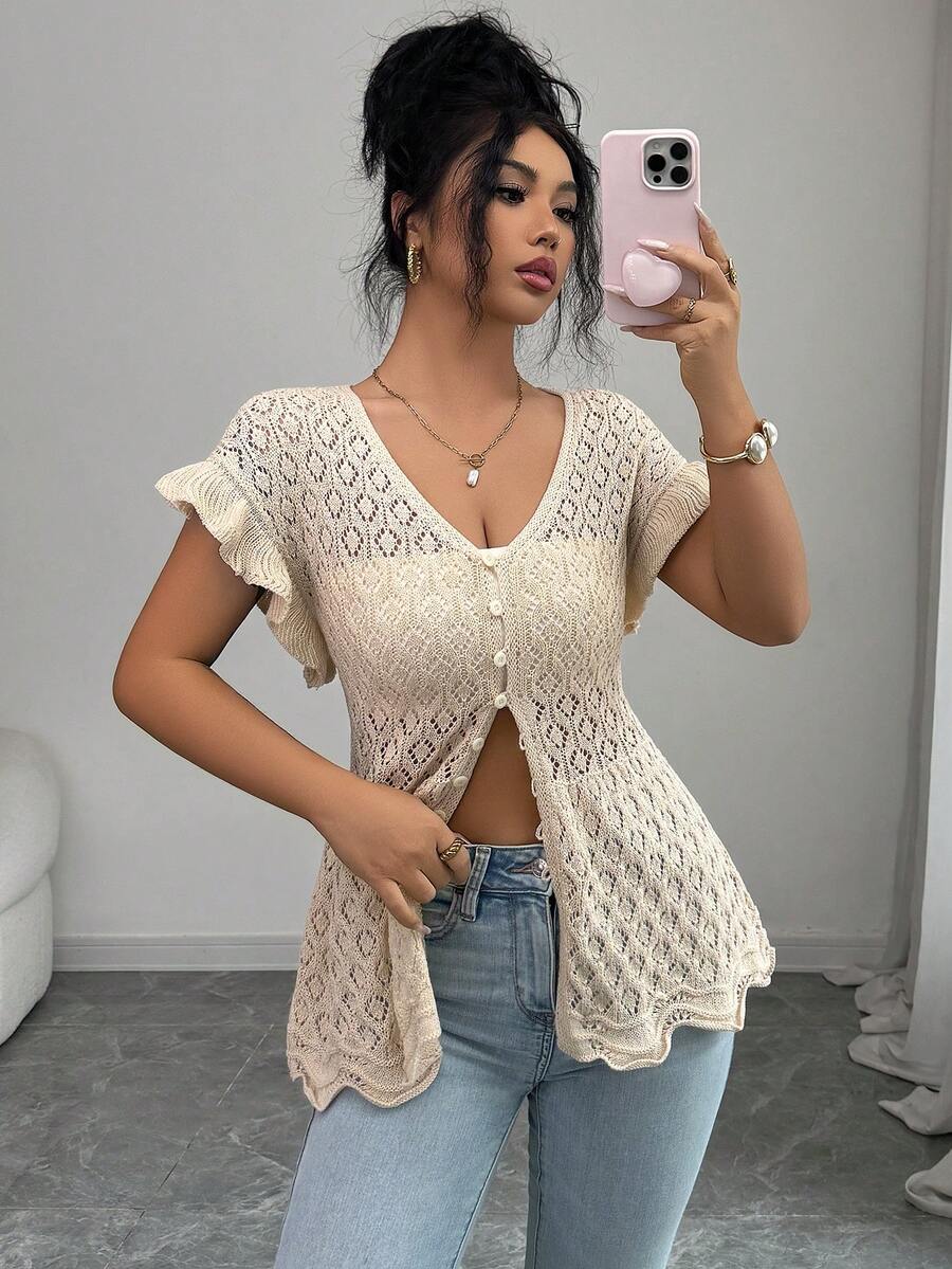 Elenzga Women's French Elegant Hollow Ruffle Sleeve V-Neck Cinched Waist Asymmetrical Hem Knit Cardigan - Beige - View 1