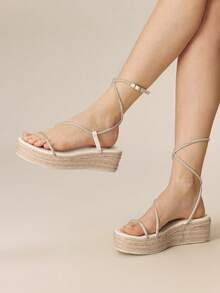 Styleloop Ladies Fashion Solid Color Woven Casual Platform Wedge Sandals, Rhinestones Decorated Bohemian Vacation Vintage Vespa Canvas Wedge Heel Ankle Strap Sandals, Spring Summer Shoes Spring Break Easter Summer Shoes - White 3 - View 4