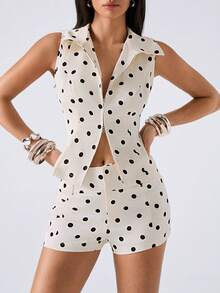 LYSMO Women's Polka Dot Zip-Up Sleeveless Top And Shorts Casual 2 Pieces Set - Beige - View 3