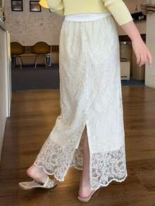 DAZY Women's Elegant Commuter Floral Embroidery Sequin Skirt - Beige - View 2