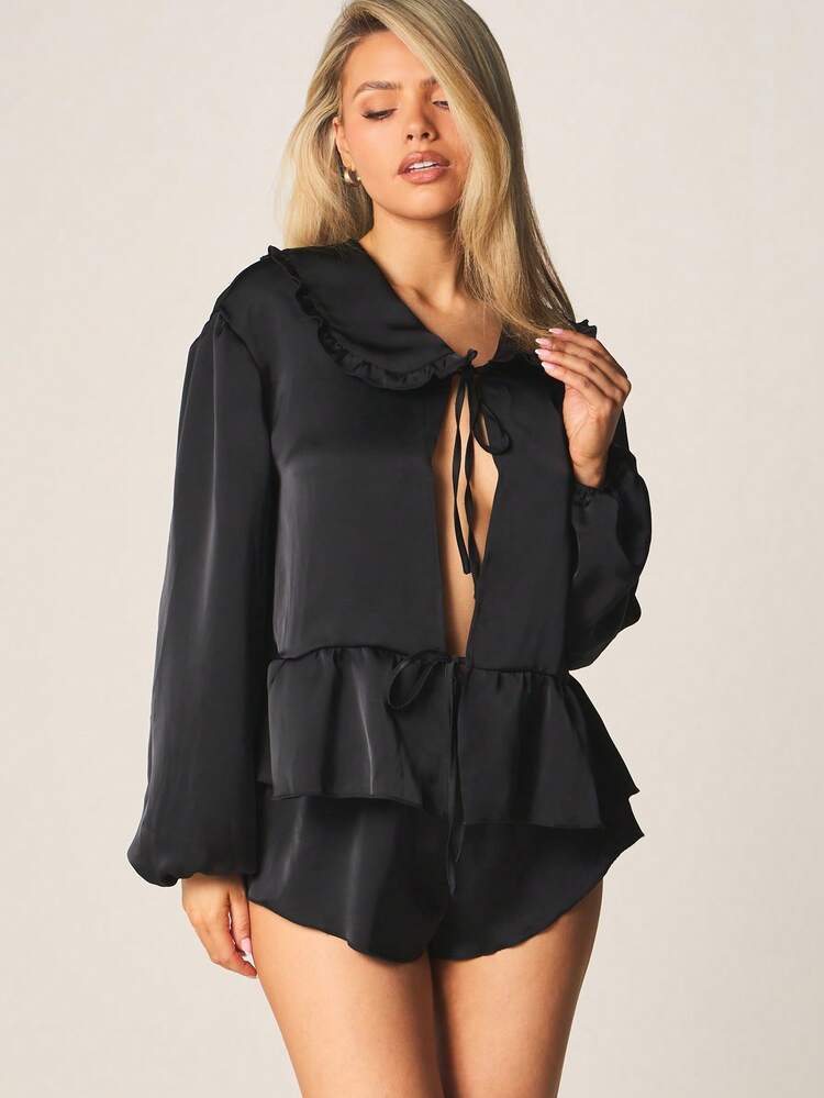 MISSGUIDED Tie Front Ruffled Pajama Set With Oversized Sleep Shirt And Matching Shorts