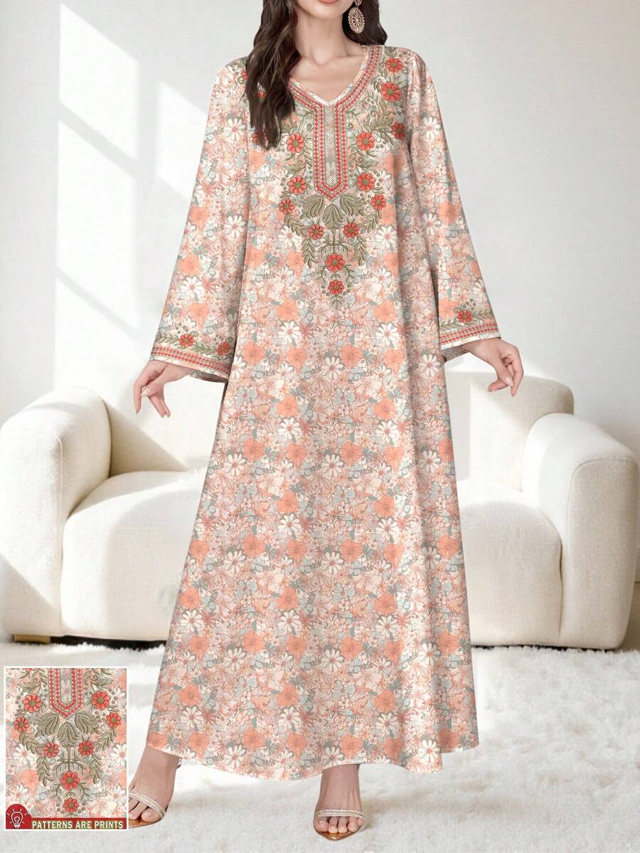 SHEIN Najma 女士花卉植物刺绣数码印花长裙，V领长袖连衣裙，优雅阿拉伯风情，春夏款 - 彩色 - 查看 1