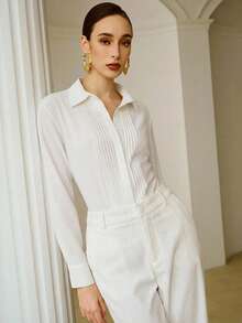 ZEYLAH Áo sơ mi dài tay kẻ sọc màu trơn dành cho nữ, thích hợp mặc đi làm hàng ngày. - trắng - Xem 6