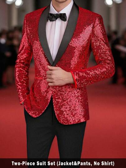 Manfinity AFTRDRK 男士撞色披肩领长袖亮片外套和裤子正装套装