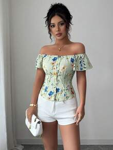 Selianne 夏季休闲露肩印花衬衫 - 綠色 - 查看 4