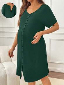 SHEIN Maternity Solid Color Front Button Short Sleeve Delivery Dress - Dark Green - View 1